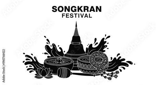 This vector illustration features traditional Thai Songkran festival elements including a stupa, water bowls, and floral garlands, ideal for cultural designs.