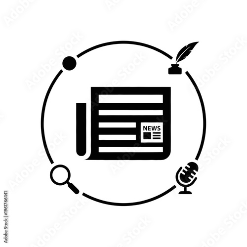 Newspaper Icon with Journalism Elements in Circle