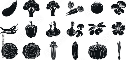 Black silhouette vegetable icon set with eggplant broccoli carrot tomato chili pepper onion mushroom cabbage cucumber pumpkin and celery on white
