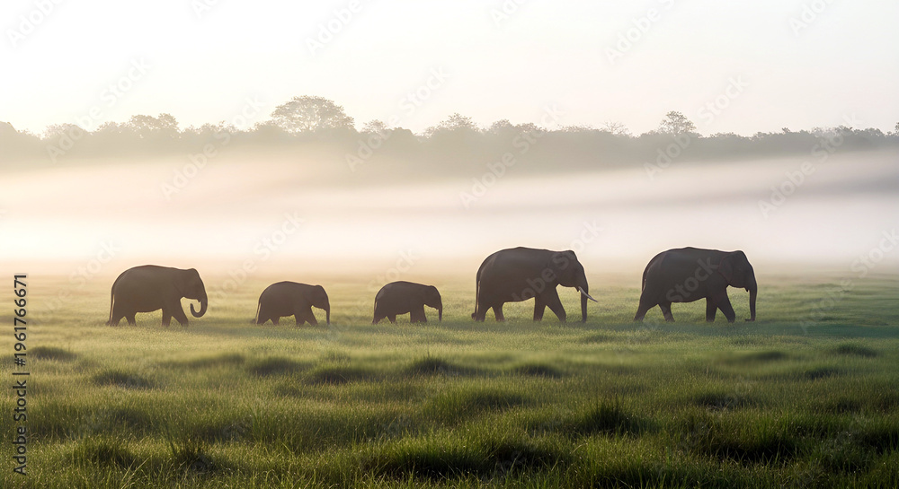 Fototapeta premium Realistic Morning Elephants in Kaziranga