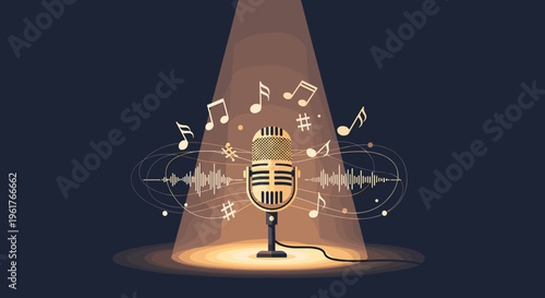 Vintage Retro Microphone Under Spotlight with Music Notes and Waves