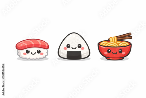 Cute Kawaii Japanese Food Characters Set - Sushi, Ramen, Onigiri, Takoyaki, and Tempura Vector Illustration.
