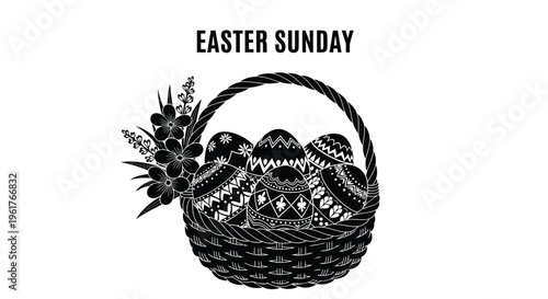 Black and white vector illustration design featuring an ornate woven basket filled with beautifully decorated easter eggs and spring flowers