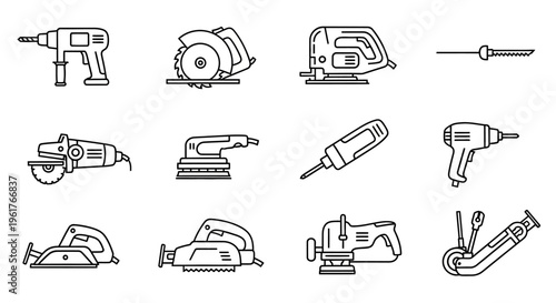 Power Tools Line Art Icon Set for Construction Woodworking and DIY Projects