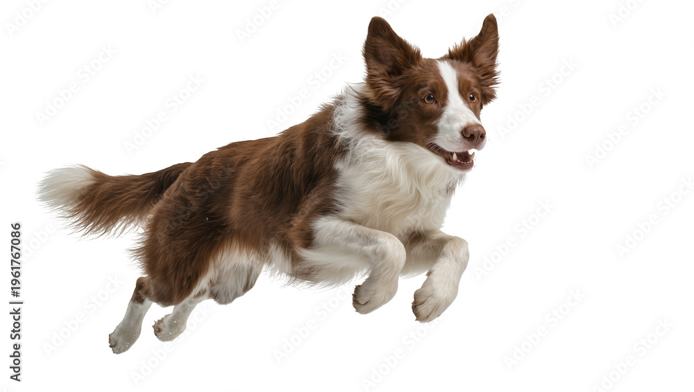 Naklejka premium Energetic brown and black Border Collie dog leaping mid-air with focused expression, isolated on transparent background for pet adoption campaigns