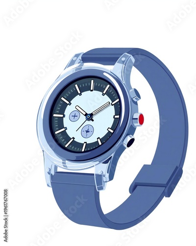 Modern blue wristwatch with clear case and white dial