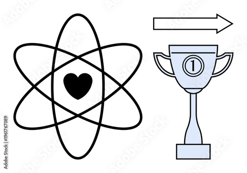 Success concept. Atomic heart symbol paired with a trophy and arrow progress, achievement, and growth. Success in motivation, leadership, science, innovation, and goals