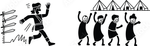 Silhouette scene of fleeing warrior and group of people celebrating near tents in simple style