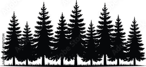 Seamless forest skyline with spruce and pine trees in bold silhouette landscape illustration