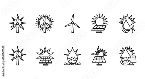 Renewable Energy Icon Set: Solar Panels, Wind Turbines, and Hydro Power Icons. Clean Black Line Art for Sustainability, Green Technology, and Environmental Conservation.