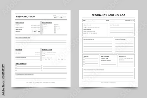 Pregnancy Journey Log and Health Tracker Template Set, Minimalist Maternal Daily Journal, Baby Movement and Symptom Tracker, Printable US Letter Size