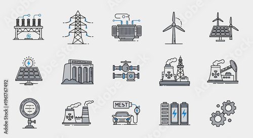 Energy and Power Generation Icon Set: Renewable, Nuclear, Fossil Fuel, and Electrical Infrastructure Vector Illustrations