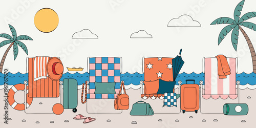 Four beach setups include striped folding chairs, luggage, towels, and sun hats arranged neatly along the shoreline with blue ocean waves and palm trees.