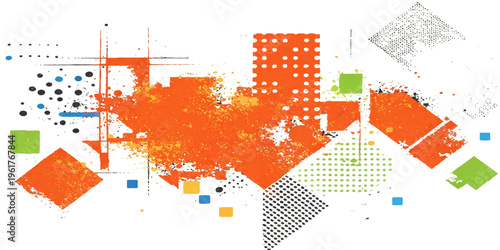 Abstract city elements in orange, blue, green and geometric shapes. A mix of urban design elements. 