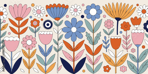 Retro groovy flower border utilizes bold orange, blue, and pink tones in a repeating pattern suggestive of seventies aesthetic on a light neutral surface.