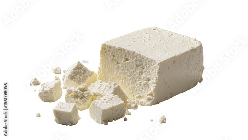 Slika na platnu Authentic Greek feta cheese block with scattered crumbs and smaller pieces, dairy food