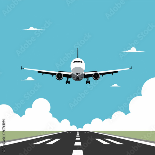Flat vector illustration of a commercial passenger jet airplane on final approach to land on an airport runway, head-on view with landing gear down against a blue sky with clouds.