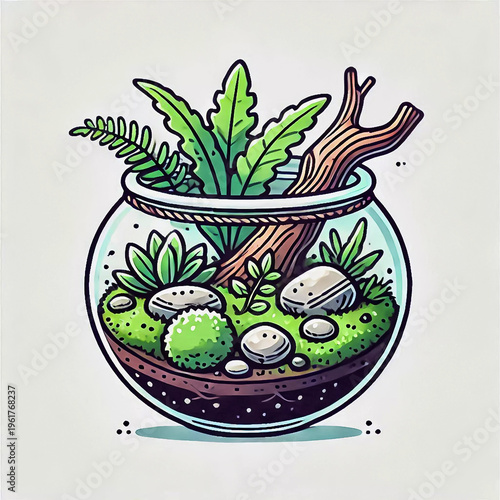 Illustration of a Terrarium with Plants and Stones