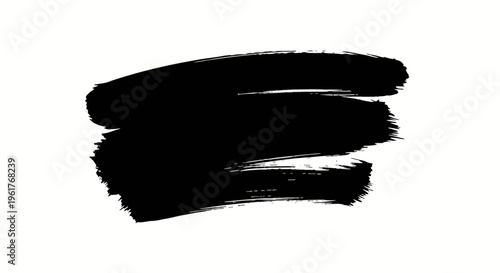 Thick horizontal black ink brush stroke with visible bristle texture and jagged edges isolated on a plain white background, ideal for abstract graphic design or banner backgrounds.