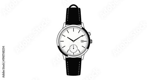 Minimalist black and white vector illustration of a classic analog wristwatch featuring a round white dial, black leather strap with stitching, date window, and small seconds sub-dial.