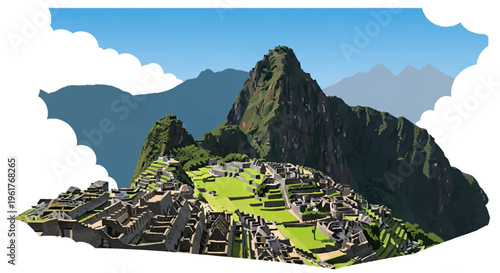 Vector illustration of the Machu Picchu Inca ruins in Peru featuring Huayna Picchu mountain and the ancient stone citadel structures with agricultural terraces under a blue sky.