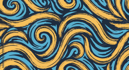 Seamless abstract pattern featuring swirling yellow and blue waves with textured brushstrokes on a dark background, showcasing organic curved lines and hand-drawn artistic elements.