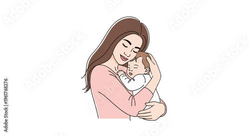 Minimalist line art illustration of a young mother with long brown hair wearing a pink shirt hugging and cuddling her sleeping newborn baby in white clothes isolated on white background.