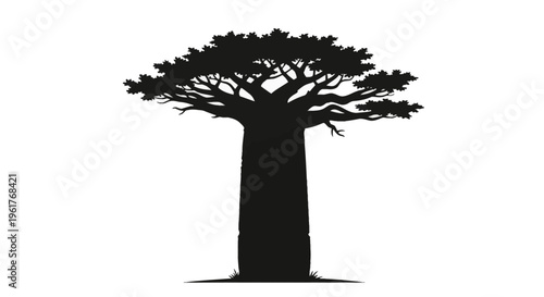 Black silhouette of a massive African baobab tree with a thick trunk and wide-spreading canopy branches isolated on a white background, Adansonia digitata, botanical illustration.