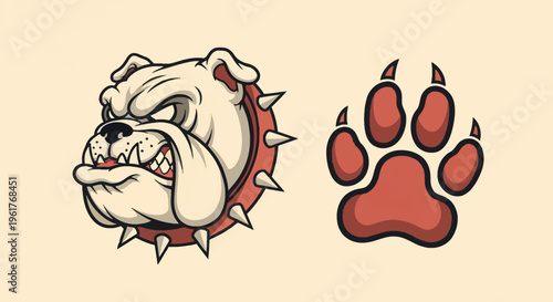 Vector illustration of an aggressive white bulldog mascot head with bared teeth and a red spiked collar, positioned beside a stylized red animal paw print with sharp claws.