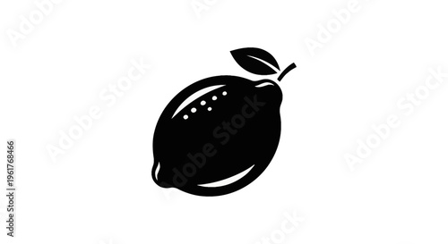 Minimalist black silhouette icon of a whole lemon with a single leaf and stem, featuring stippled highlights and textured details, isolated on a plain white background.