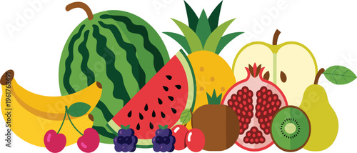 Colorful assortment of fresh fruits including watermelon pineapple banana grapes and berries in vibrant vector illustration for healthy food concepts