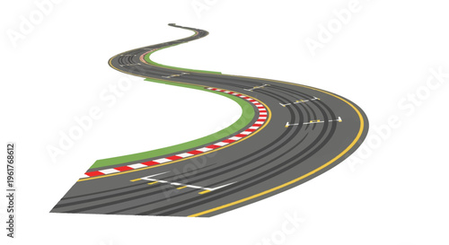 Winding asphalt race track with dramatic S-curve turns, tire skid marks, red and white curb rumble strips, and yellow lane markings isolated on white background perspective view.