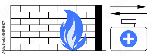 Fire safety, firewall technology, disaster prevention, emergency readiness, system security, industrial standards. Brick wall with flame icon and extinguisher . Fire safety and firewall concept