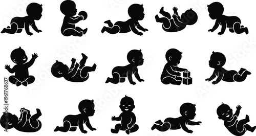 Collection of baby silhouettes in crawling, sitting and playing poses, black infant shapes isolated on white background vector illustration