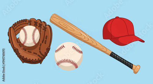 Vector illustration of baseball equipment set featuring a brown leather catcher's mitt with ball inside, separate baseball, wooden bat with black grip, and a red baseball cap.