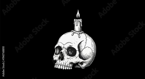 Hand drawn human skull with a burning candle on top of the cranium featuring dripping wax, black and white vintage woodcut engraving style illustration on solid black background.