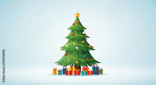 Flat design vector illustration of a decorated green Christmas tree topped with a yellow star, featuring colorful baubles and garlands, with multiple wrapped gift boxes at its base.