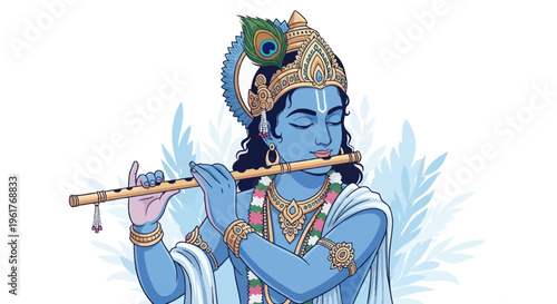 Vector illustration of Lord Krishna, the Hindu deity with blue skin, playing a wooden flute. He wears a golden crown with a peacock feather and ornate jewelry against a white background.
