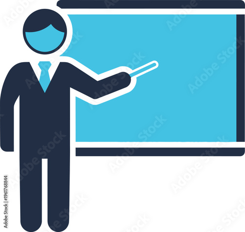 Businessman, teacher, pointing, presentation, blue, vector icon
