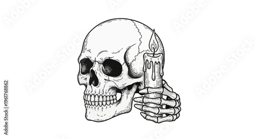 Hand-drawn black and white illustration of a human skull with a skeletal hand holding a lit candle with dripping wax, vintage woodcut engraving style line art isolated on white.