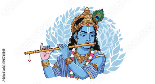 Lord Krishna vector illustration playing bamboo flute, featuring blue skin, golden crown with peacock feather, traditional jewelry, and floral garland against blue foliage design.