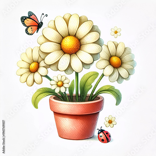 Flowers in a Pot with Butterfly and Ladybug