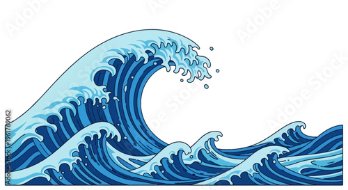 Vector illustration of stylized blue ocean waves in traditional Japanese woodblock print style, featuring a large cresting curling wave with white sea foam isolated on white background.