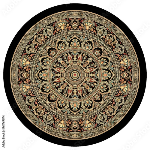 Circular oriental rug carpet featuring a detailed mandala pattern with floral motifs and geometric borders in shades of beige, red, and blue, set against a black circular border.