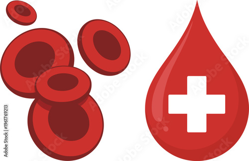 Blood donation concept illustration featuring red blood cells and medical drop with cross symbol representing healthcare and life saving services