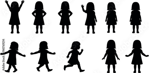 Set of little girl silhouettes in various poses including running jumping waving and standing for children silhouette vector illustration collection