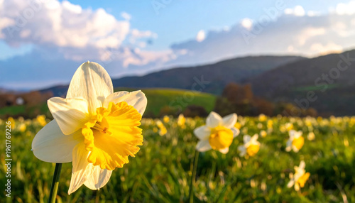 Banner daffodil in white and yellow on a spring meadow with warm light.