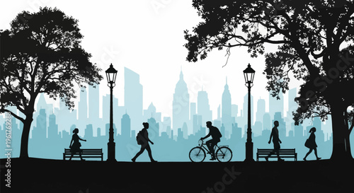 Silhouette of people walking and cycling in a city park with large trees, park benches, and vintage street lamps against a blue urban skyscraper skyline background backdrop.