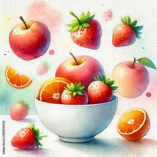 Bowl of Fresh Fruit Including Apples and Strawberries