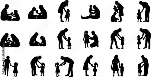 Set of parent and child silhouettes showing father mother and toddler bonding playing holding hands and walking isolated on white